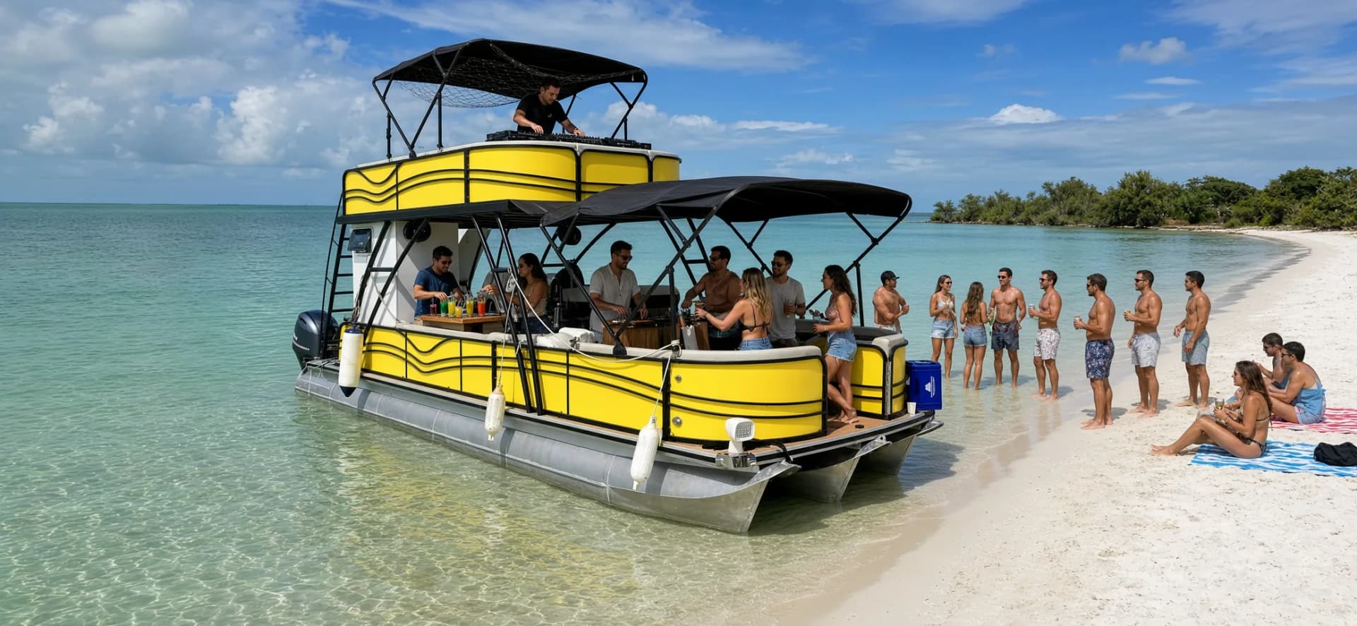 A yellow party boat beached at a white-sand island with a DJ on the top deck and guests in the shallows.