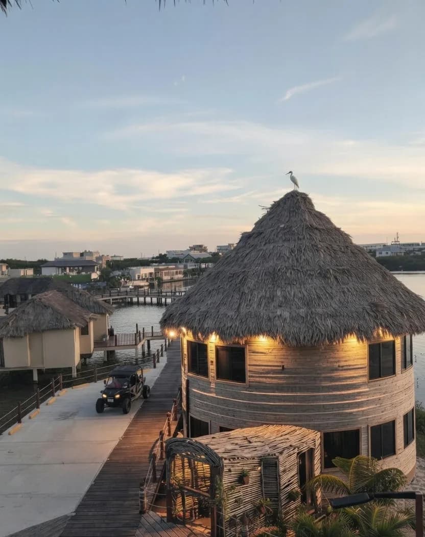 The Mayan at dusk with warm lights under its thatched roof.